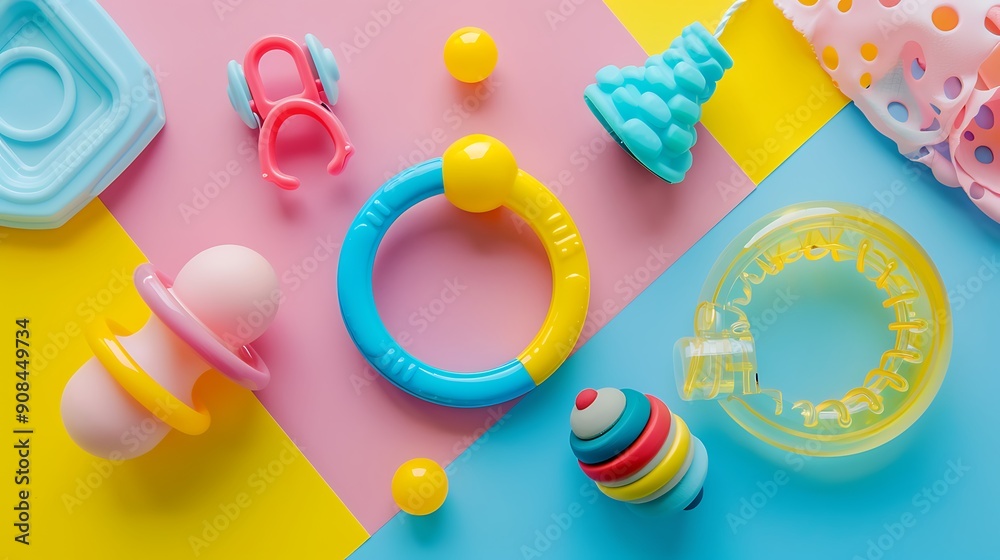 Baby rattles and chewing toy isolated on colorful background Baby rattles and chewing toy isolated on colorful background