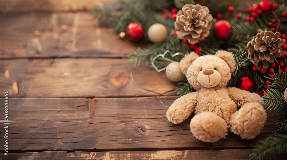 Baby toys festive background with teddy bear on wooden table Baby toys festive background with teddy bear on wooden table