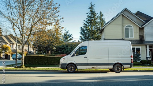 Fototapeta Naklejka Na Ścianę i Meble -  Commercial van delivers cargo to suburban custmers. Shipping parcels goods and orders in the countryside. Light duty truck