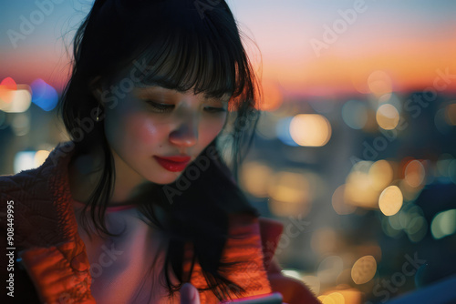 Close-up of a young woman using her smartphone, vibrant city background at dusk, modern lifestyle, Canon EOS R5, Kodak Portra 400