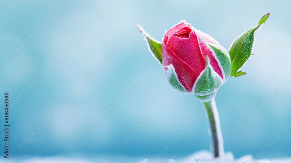 Fototapeta premium Close-up of a red rosebud with green leaves covered in frost, against a soft blue background. Symbolizes freshness and new beginnings.