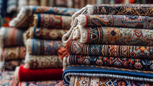 Carpets of different colours in stack at carpet store, no people photo