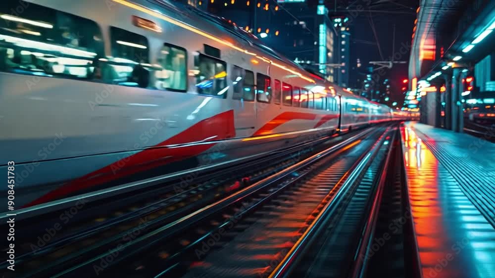 A train is moving on the tracks at night. The train is red and white A train is moving on the tracks at night. The train is red and white