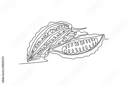 Continuous one line drawing whole and sliced healthy organic bitter gourd for garden logo identity. Fresh Indonesian pare concept for veggie icon. Single line draw design vector graphic illustration