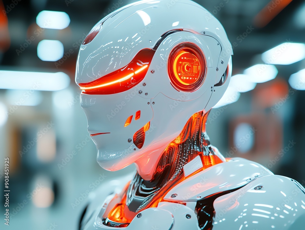 Futuristic robot with glowing red eyes. Futuristic robot with glowing red eyes.