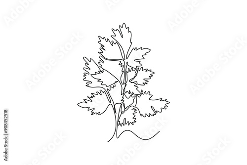 Continuous one line drawing of healthy freshness organic coriander leaf for farming logo identity. Fresh Chinese parsley concept for vegetable icon. Single line draw design vector graphic illustration