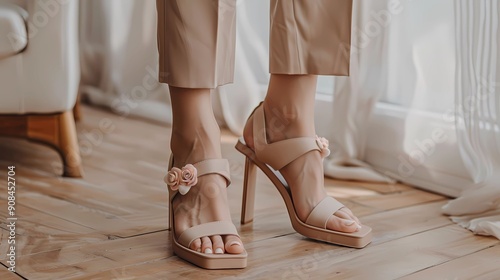 A pair of square head sandals with lovely rose trim on the side, small flowers on top, high heels, light brown color scheme, minimalist style, low saturation tones, Generative AI illustrations. 