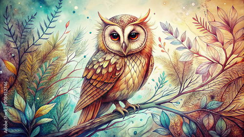 Whimsical hand-drawn sketch of a majestic owl perched on a branch, surrounded by abstract foliage, with intricate lines and soft, dreamy textures.