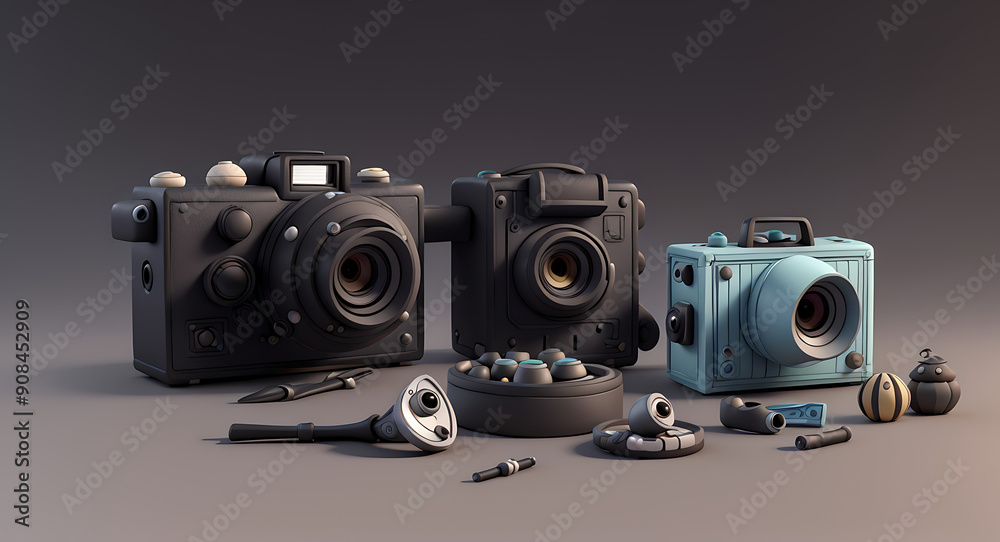 A 3D Stylish Camera and a 3D Film Roll Model on a Black Background with Copy Space, Clay Style 3D Illustration Model Style A 3D Stylish Camera and a 3D Film Roll Model on a Black Background with Copy Space, Clay Style 3D Illustration Model Style
