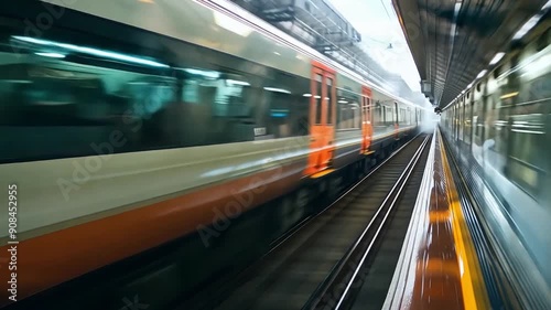A train is moving down the tracks with a blurred background. The train is yellow and red