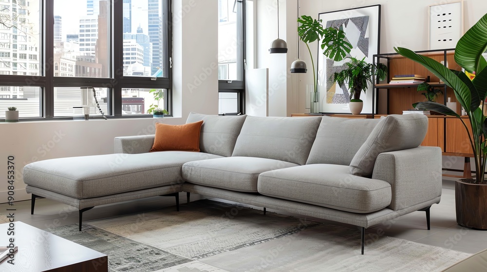 A grey sectional sofa with a single orange throw pillow in a modern living room. A grey sectional sofa with a single orange throw pillow in a modern living room.