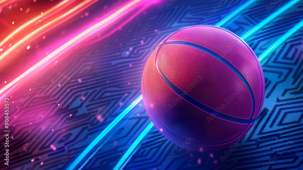 Basketball ball with glowing lines on colorful blue and pink neon light background Basketball ball with glowing lines on colorful blue and pink neon light background