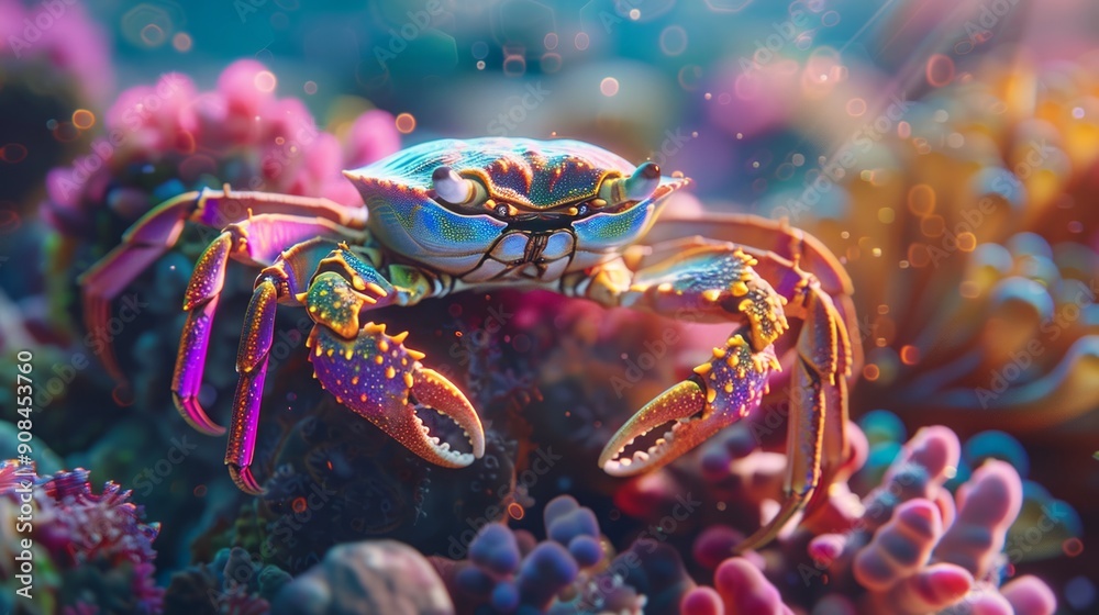 Underwater closeup picture of the mangrove ( rainbow ) crab and sunlight in the ocean coral reef Underwater closeup picture of the mangrove ( rainbow ) crab and sunlight in the ocean coral reef