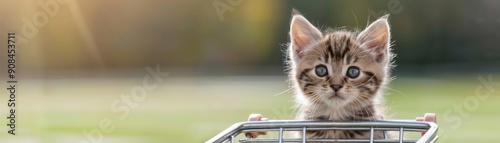 Adorable kitten sitting inside a tiny shopping cart on a sunny day with a grassy background, capturing the essence of playful curiosity and innocence. photo