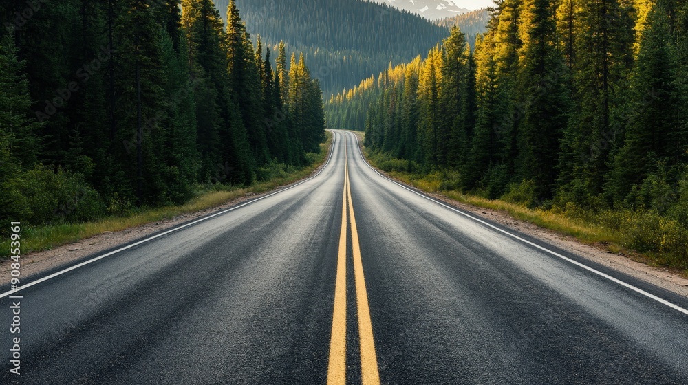 Long open road through a forest with mountain background, perfect for travel and adventure themes. Beautiful scenic drive in nature. Long open road through a forest with mountain background, perfect for travel and adventure themes. Beautiful scenic drive in nature.