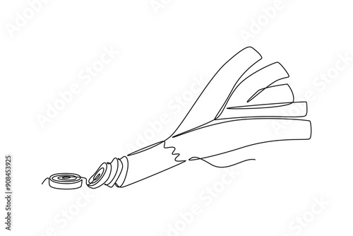 Single one line drawing of whole bunch healthy organic leek for farming logo identity. Fresh food seasoning concept for vegetable icon. Modern continuous line draw design graphic vector illustration