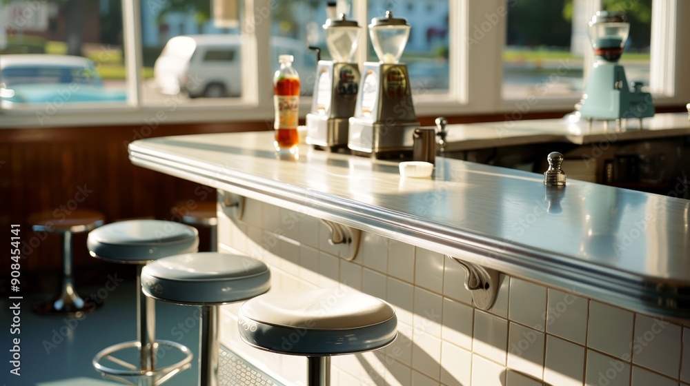 A 50's soda fountain shop with chrome bar stools A 50's soda fountain shop with chrome bar stools