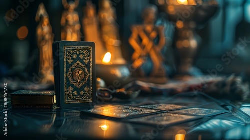 A photo view opposite tarot cards stand vertically on flat black glass table, blurred background Viking totems, gloomy atmosphere, Generative AI illustrations. 