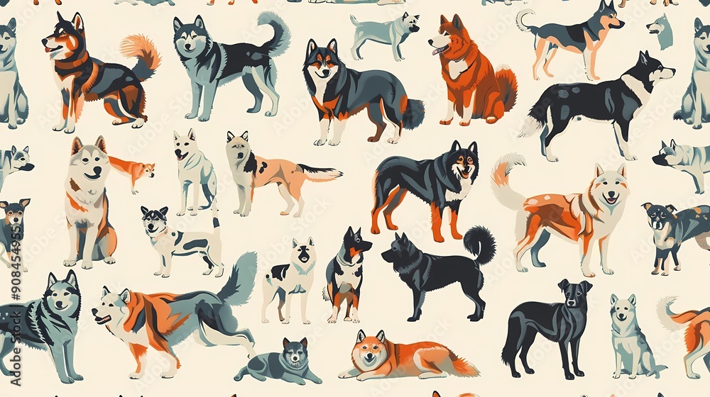 Fototapeta premium A different dogs in poster style the background is cream, Generative AI illustrations. 