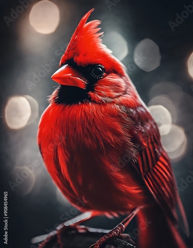 red cardinal bird with bright feathers, red beak and brokeh background