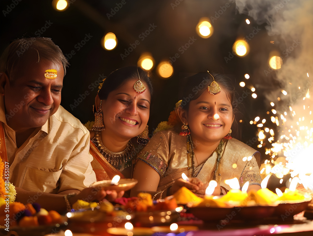 A vibrant Hindu family lights fireworks to celebrate Diwali, spreading joy and colorful lights. A vibrant Hindu family lights fireworks to celebrate Diwali, spreading joy and colorful lights.