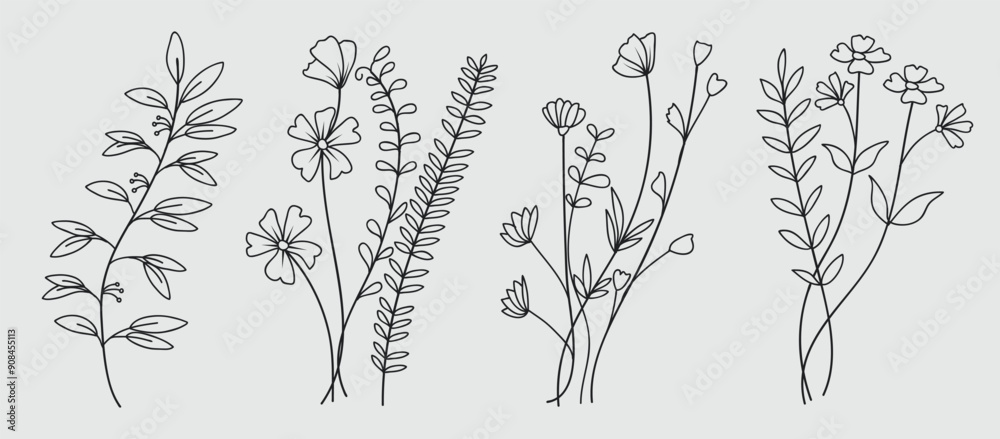 Fototapeta premium Hand drawn botanical art continuous line drawing of abstract flower, floral, rose, tropical leaves, spring and autumn leaf vector collection.