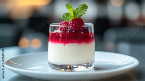 Elegant panna cotta topped with raspberry coulis fresh raspberries and a mint garnish served in a glass on a white plate