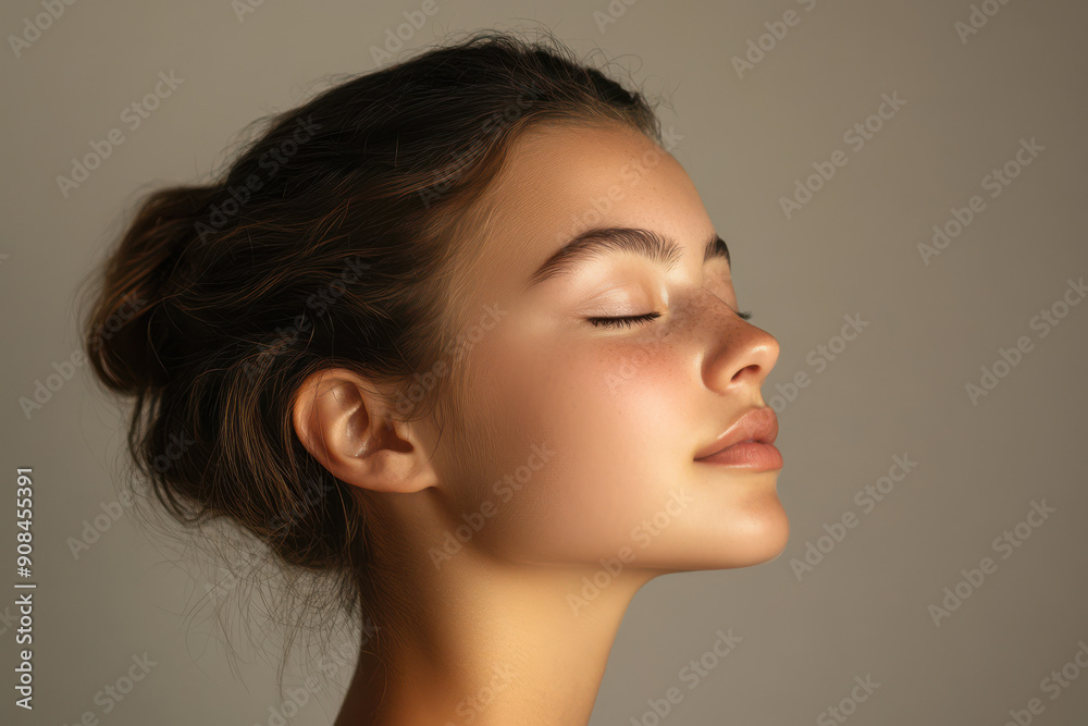 A close up of a girl's face with her eyes closed