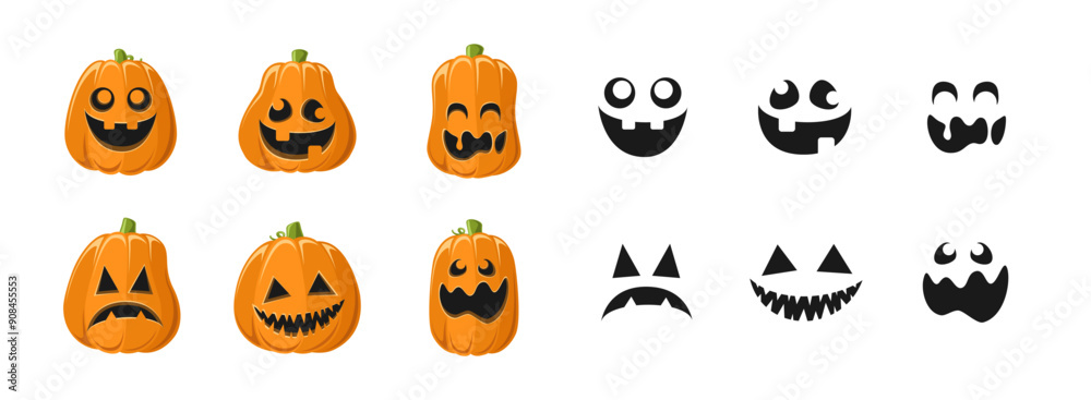 Cute Jack O Lantern with Different Pumpkin Shapes and Facial Expressions Set. Spooky Creepy Halloween Graphics Illustrations.