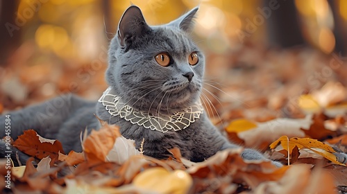 beautiful shorthair cat with lace necklet lying on autumn ground