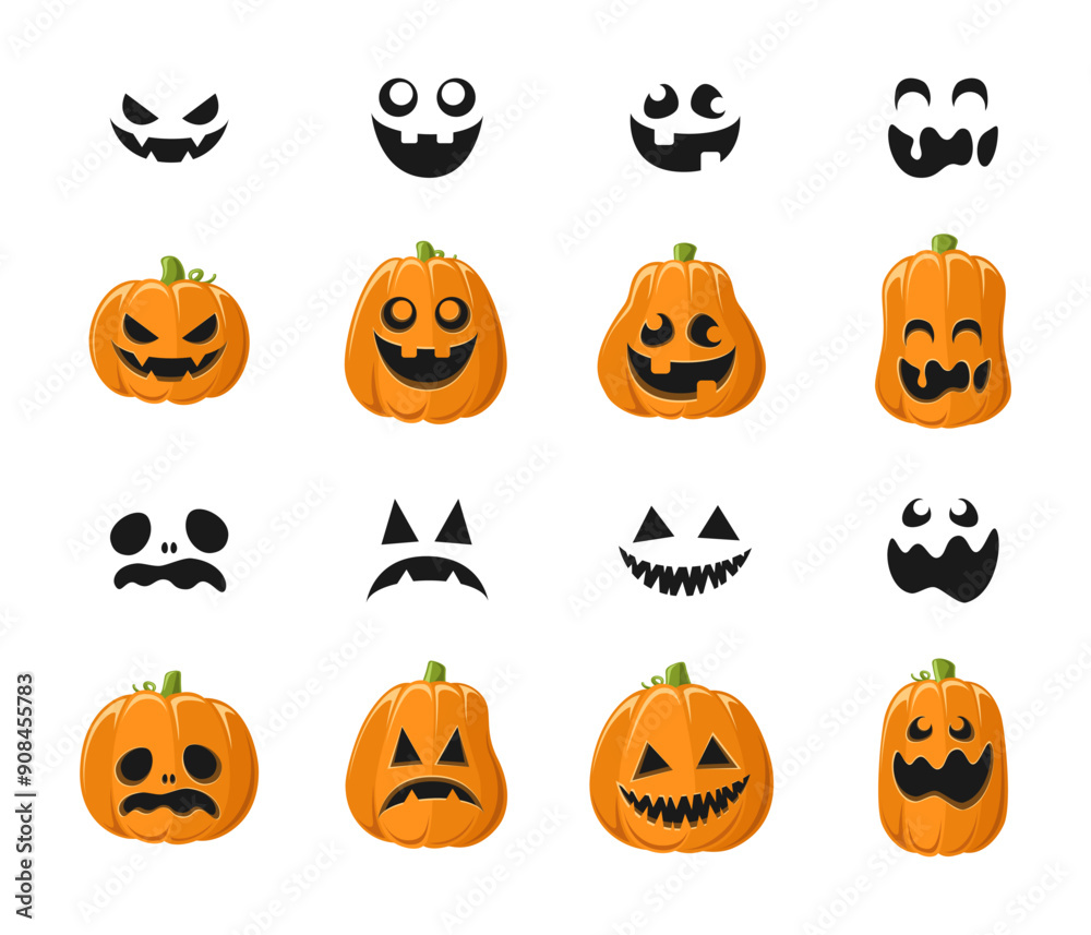 Cute Jack O Lantern with Different Pumpkin Shapes and Facial Expressions Set. Spooky Creepy Halloween Graphics Illustrations. Cute Jack O Lantern with Different Pumpkin Shapes and Facial Expressions Set. Spooky Creepy Halloween Graphics Illustrations.