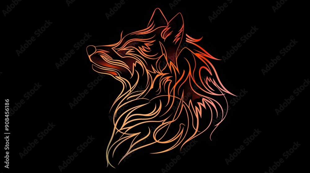 A flaming wolf, art nouveau, vector logo, contour lines, black background, Generative AI illustrations. A flaming wolf, art nouveau, vector logo, contour lines, black background, Generative AI illustrations.