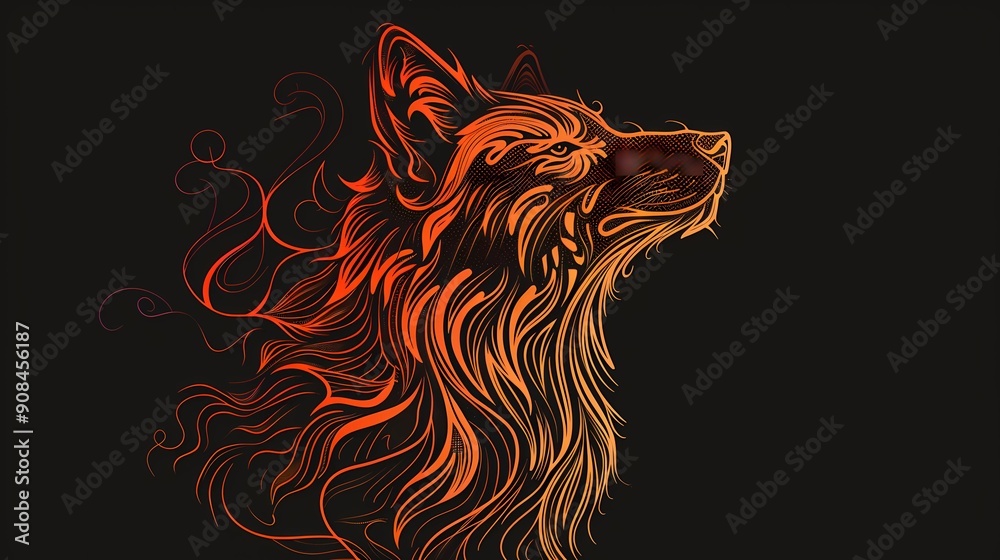 A flaming wolf, art nouveau, vector logo, contour lines, black background, Generative AI illustrations. A flaming wolf, art nouveau, vector logo, contour lines, black background, Generative AI illustrations.