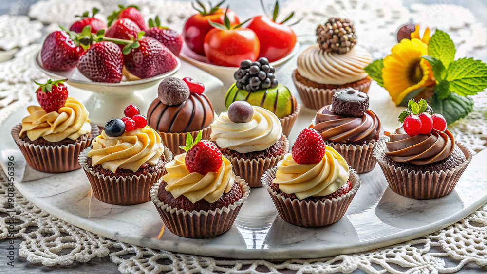 Vibrant arrangement of gourmet desserts, including intricately decorated cupcakes, rich chocolate truffles, and fresh fruit tartlets, on a elegant white lace tablecloth background. Vibrant arrangement of gourmet desserts, including intricately decorated cupcakes, rich chocolate truffles, and fresh fruit tartlets, on a elegant white lace tablecloth background.