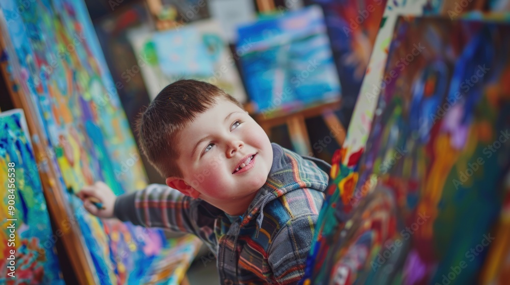Portrait of a child with Down syndrome painting at an easel, his face focused and happy, surrounded by his colorful artworks that display his creativity and engagement with his artistic expression.