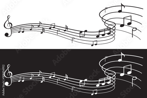  Musical note wave. Music notes melody or tune line or flat vector isolated on white background. Sheet music notes of tune bass and treble.Musical key trendy style symbol design element. 