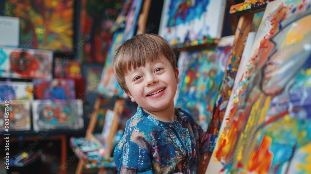 Portrait of a child with Down syndrome painting at an easel, his face focused and happy, surrounded by his colorful artworks that display his creativity and engagement with his artistic expression. Portrait of a child with Down syndrome painting at an easel, his face focused and happy, surrounded by his colorful artworks that display his creativity and engagement with his artistic expression.
