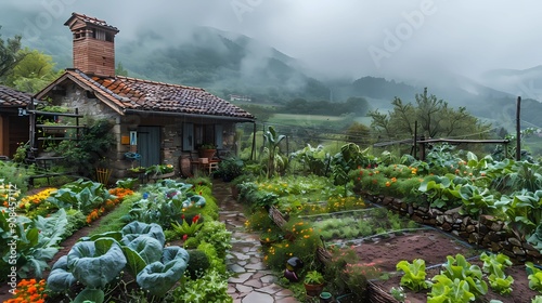 A plant vegetables,backed by a mountain, green mist, green, a brick house, a small chimney on the roof, the door is a small vegetable garden with many vegetables, Generative AI illustratios.  photo