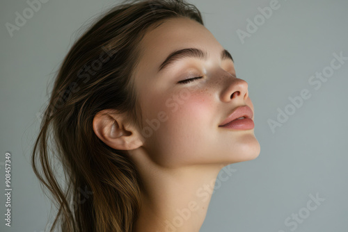 A close up of a girl's face with her eyes closed