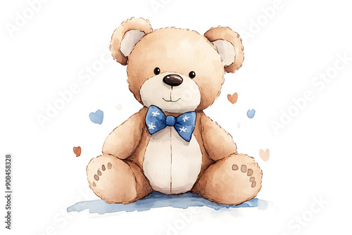 A charming watercolor illustration of a teddy bear wearing a blue bow tie, surrounded by hearts, perfect for nursery decor and children's gifts.