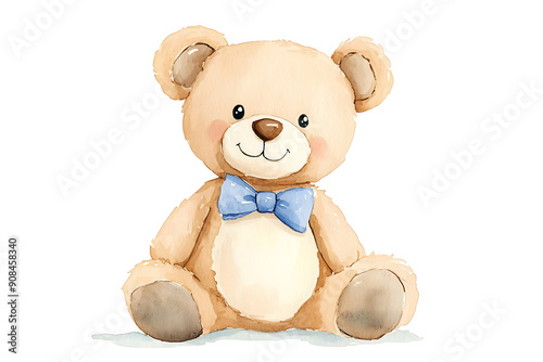 Watercolor Teddy Bear with Blue Bow Tie