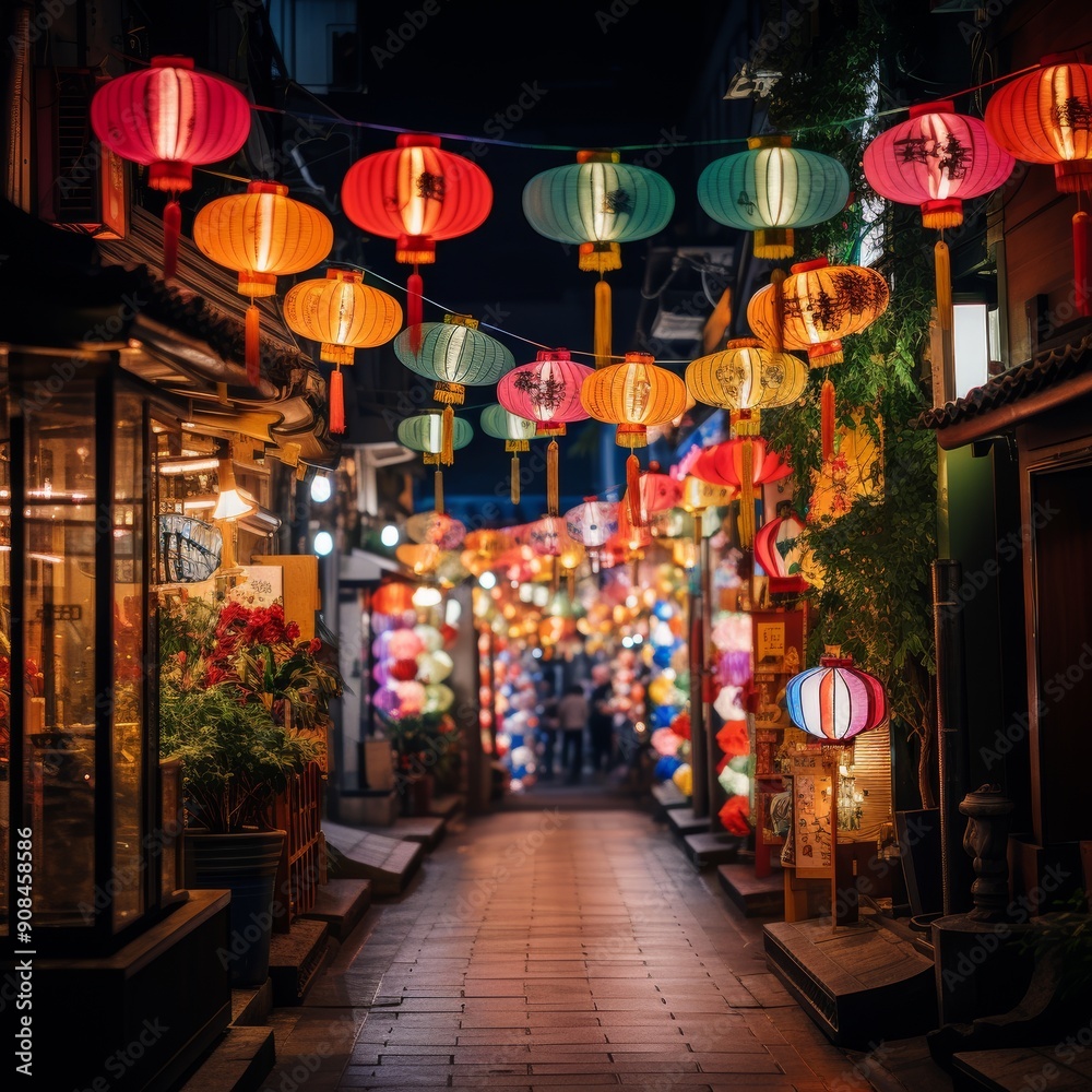 Naklejka premium Colorful Lanterns Lighting up a Traditional Festival
