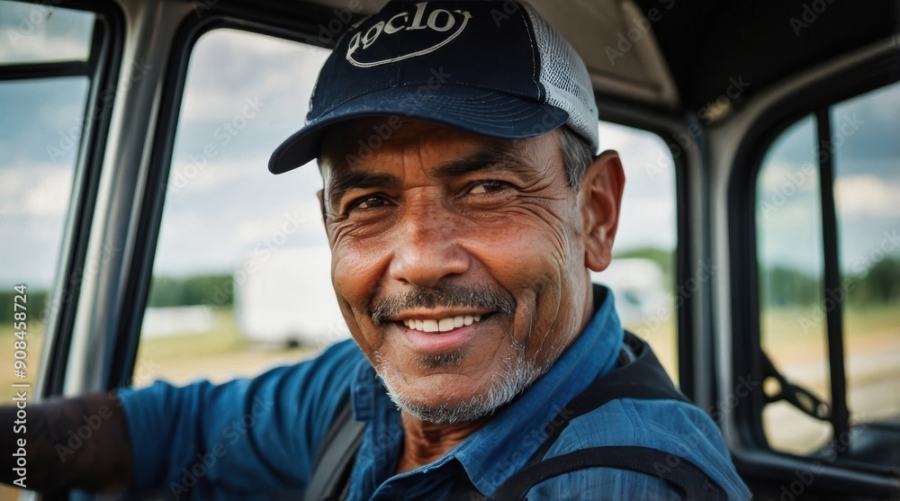 Portrait of happy truck driver sitting in the front seat looking at camera through the window Portrait of happy truck driver sitting in the front seat looking at camera through the window