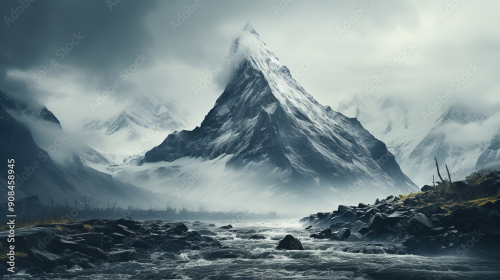 Floating River At Swiss Mountains Reaching The Clouds Landscape Background