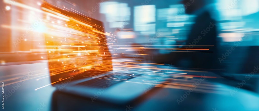 A dynamic laptop scene illustrating speed and connectivity in a modern workspace, showcasing vibrant light trails and motion. A dynamic laptop scene illustrating speed and connectivity in a modern workspace, showcasing vibrant light trails and motion.