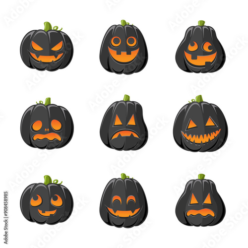 Black Jack O Lantern with Different Shapes and Funny Facial Expressions Set. Creepy Spooky Fun Halloween Pumpkin Decor Illustration Collection.