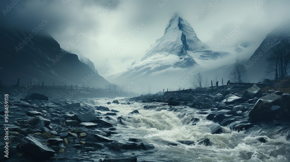Floating River At Swiss Mountains Reaching The Clouds Landscape Background