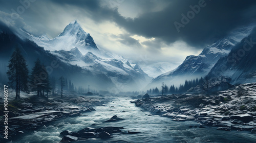 Wallpaper Mural Floating River At Swiss Mountains Reaching The Clouds Landscape Background Torontodigital.ca