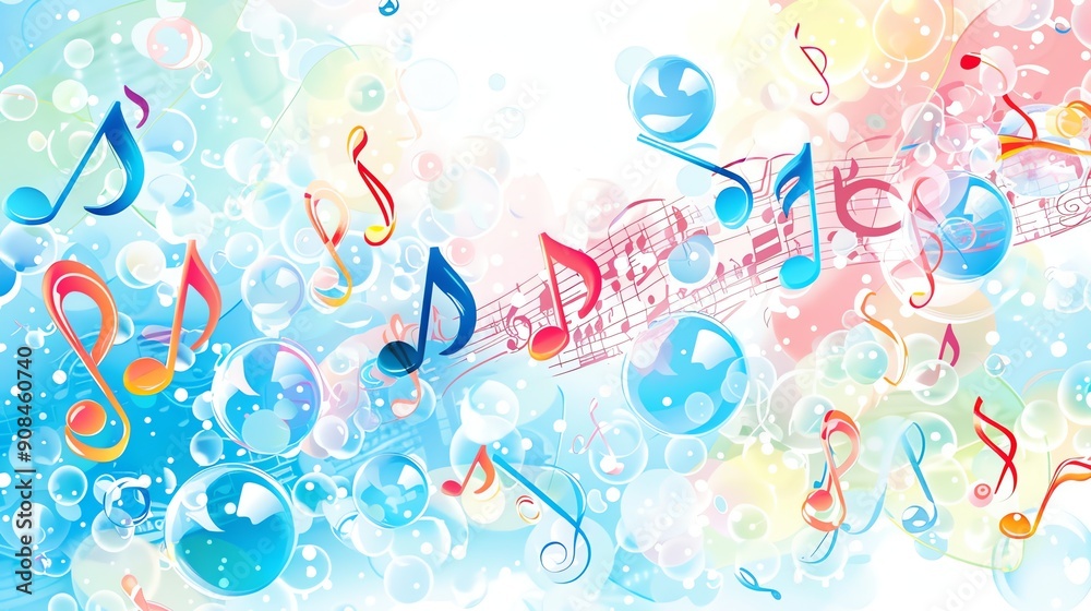 A colorful abstract background of musical notes, bubbles, and a music sheet. A colorful abstract background of musical notes, bubbles, and a music sheet.