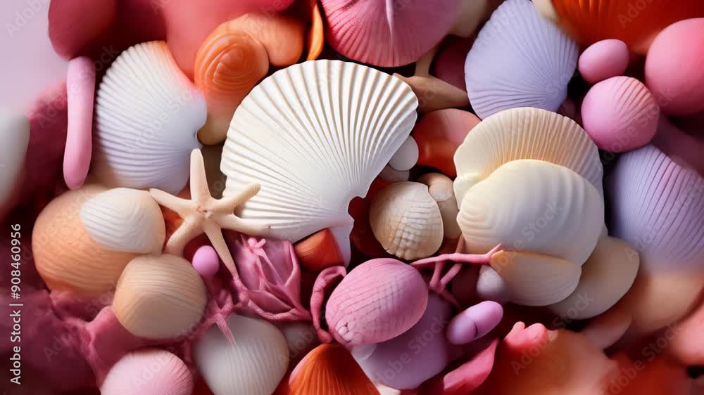 Colorful seashells and coral displayed together in a coastal arrangement
